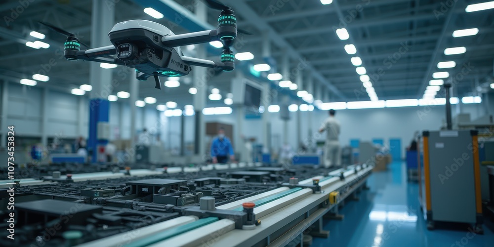 Poster automated drone in modern factory setting