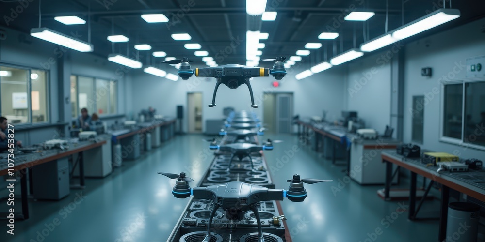 Poster automated drones in a modern factory setting