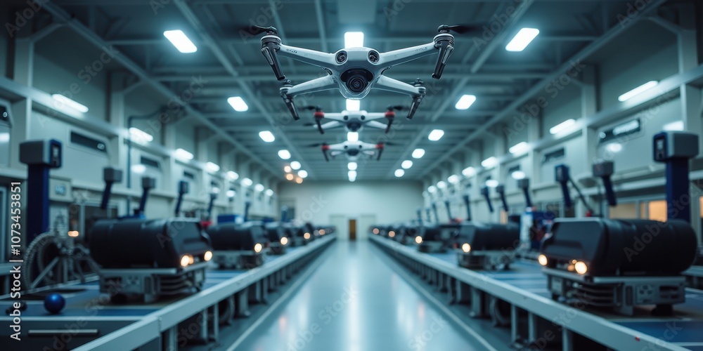 Poster automated drone in a modern factory setting