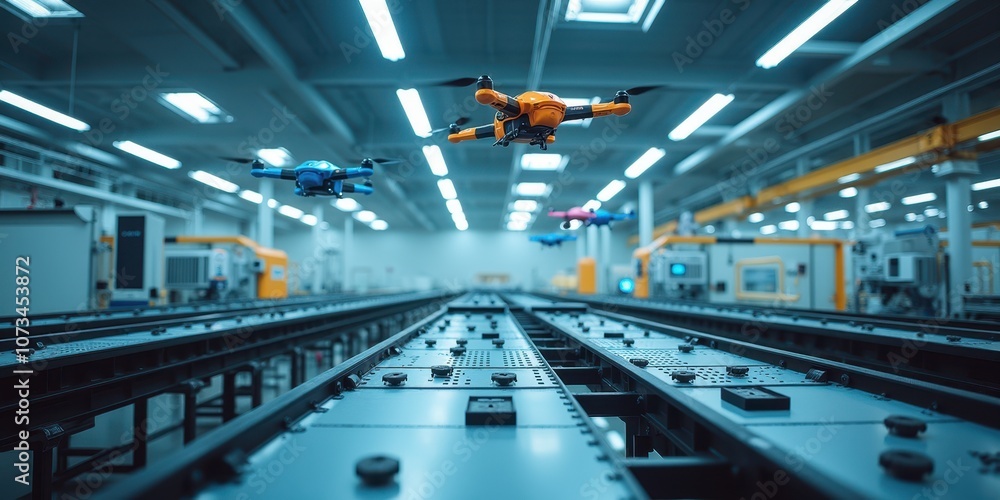 Poster automated drones in modern factory environment