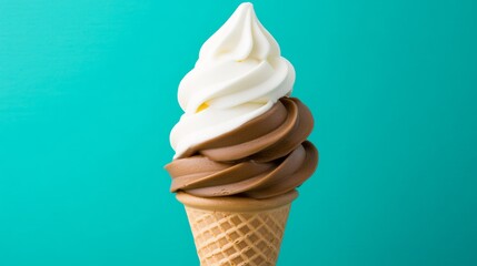 Scoop of ice cream in a waffle cone with a swirl of chocolate and white. The ice cream is sitting on a blue background
