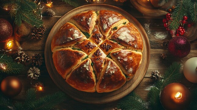Bulgarian koledna pitka bread with a cross pattern, presented in a warm holiday setting