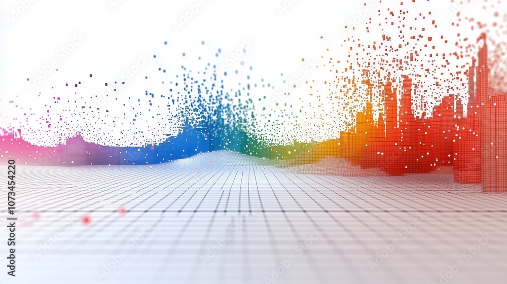 Poster abstract data visualization with colorful dots and graphical background featuring modern city skylin