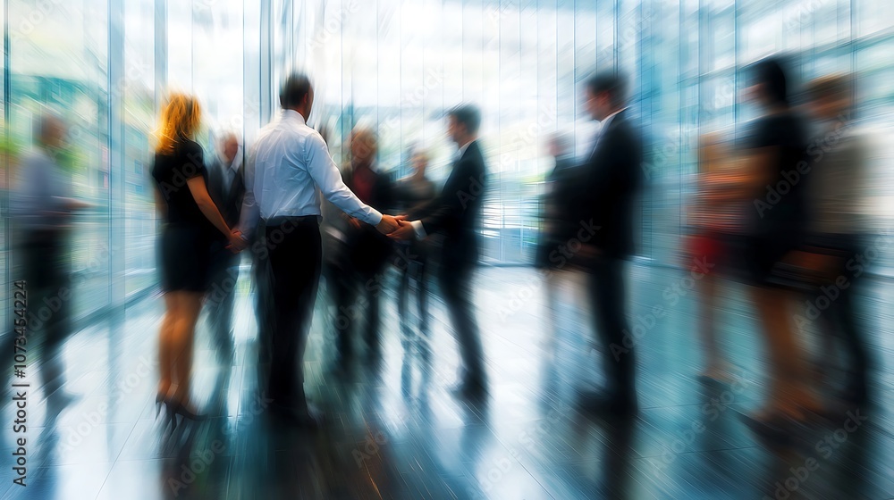 Poster a blurred image of professionals engaging in a conversation in a modern office space, emphasizing co