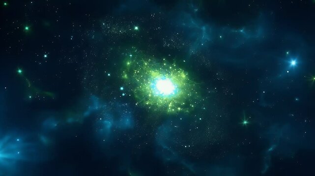 Vibrant cosmic explosion in deep space, showcasing brilliant green and blue hues.