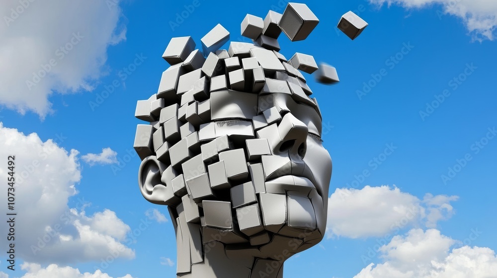 Poster sculpture of a face made of blocks with a blue sky in the background. the face is missing its eyes a