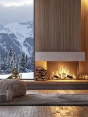 Cozy Cabin Interior with Fireplace and Winter View