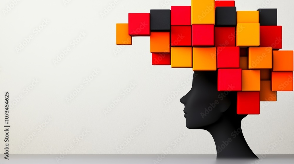 Poster woman's head is made of blocks of different colors. the blocks are arranged in a way that creates a 