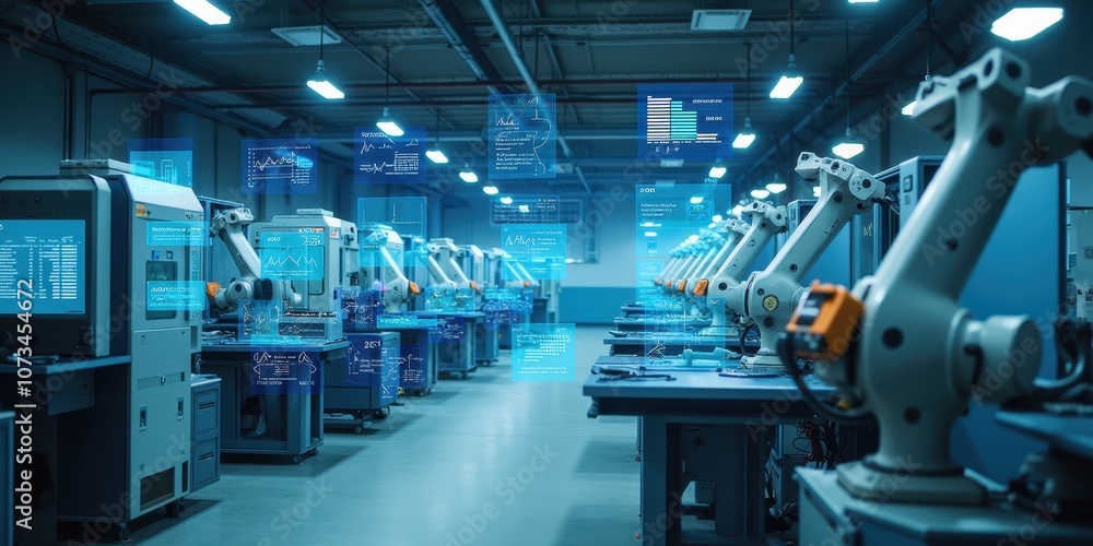 Poster futuristic ai-powered supervised factory environment