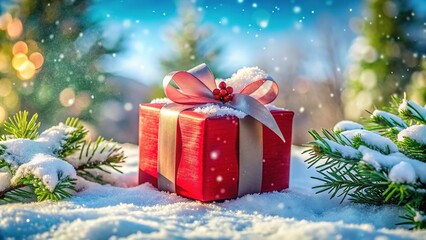 Festive Red Gift with Snowflake in Snowy Landscape