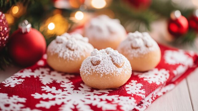 Croatian fritule mini doughnuts dusted with powdered sugar, served on a red and white holiday napkin