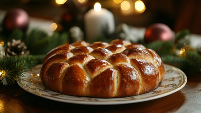 Bulgarian koledna pitka bread with a cross pattern, presented in a warm holiday setting