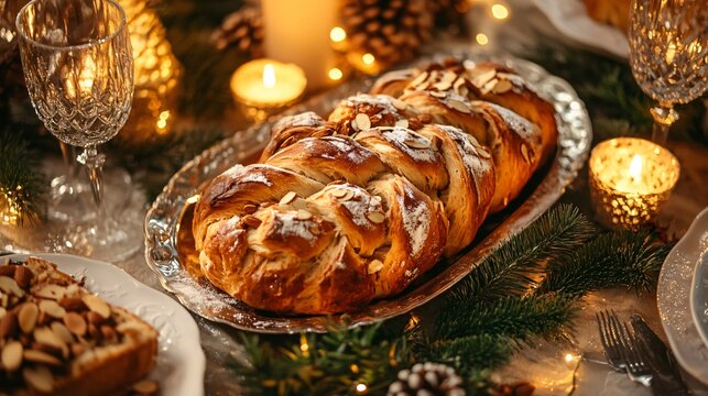 Czech vanocka braided bread with golden brown crust, sprinkled with almonds on a holiday table
