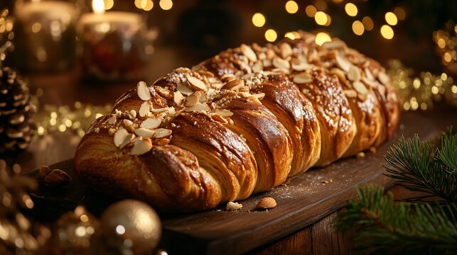 Czech vanocka braided bread with golden brown crust, sprinkled with almonds on a holiday table