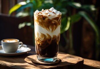 indulge refreshing iced coffee served frosty glass amidst vibrant cafe atmosphere recognizing visual delight, drink, beverage, cold, brew, barista, creation