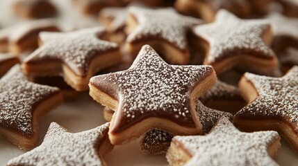 Finnish joulutorttu pastries shaped like stars, filled with dark plum jam and topped with powdered sugar