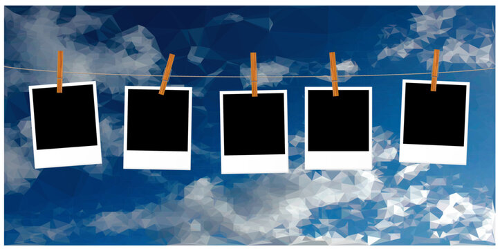 five photos on rope with wooden clips and low poly clouds in background