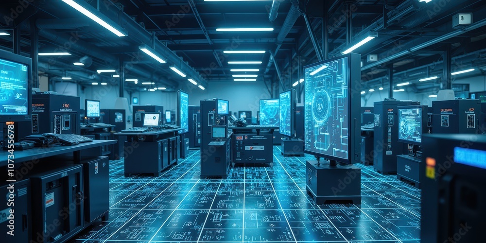 Poster high-tech computer factory with digital screens