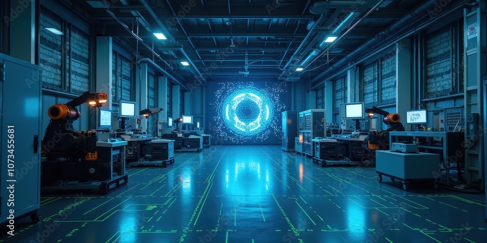 Poster high-tech computer factory interior with robotics