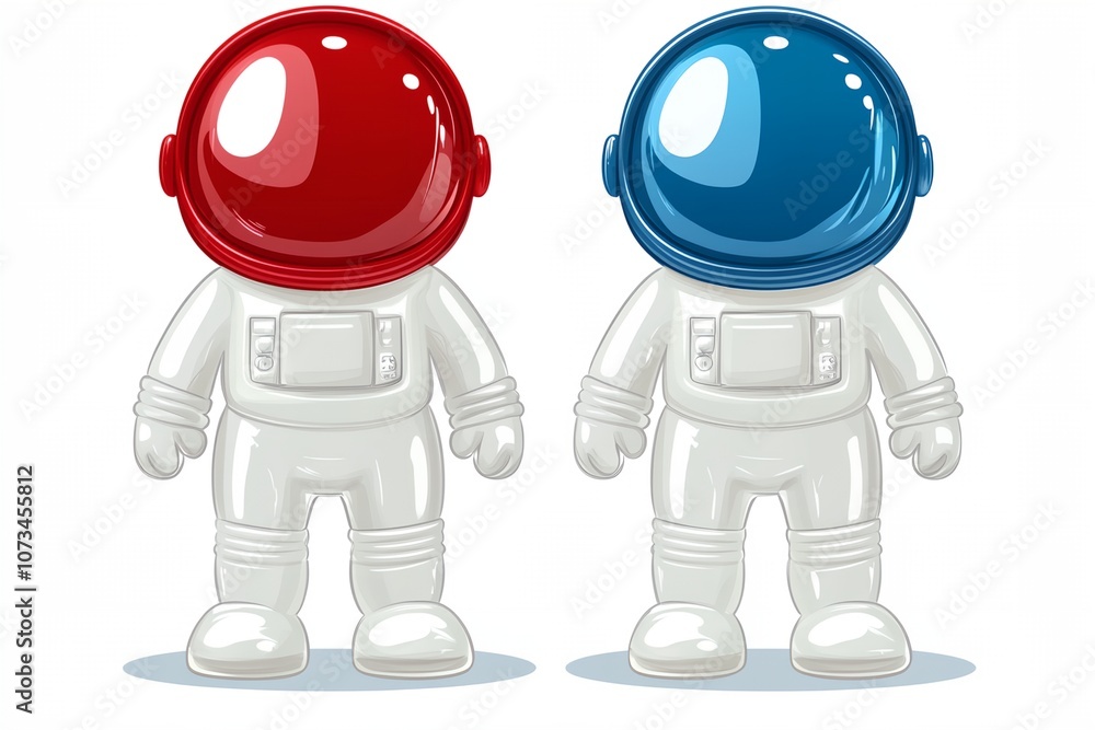 Poster two astronauts in space suits, one red and one blue. the red one is standing on the left side of the
