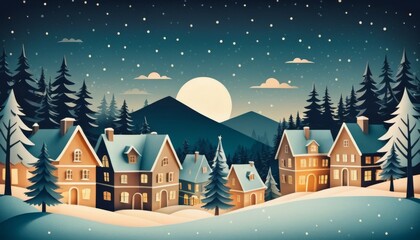 Winter Christmas and New Year paper cut composition with cozy houses and snowy landscape