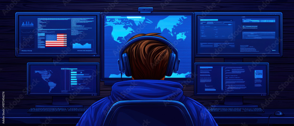 Poster a person wearing headphones sits in front of multiple screens displaying data and a world map, set i