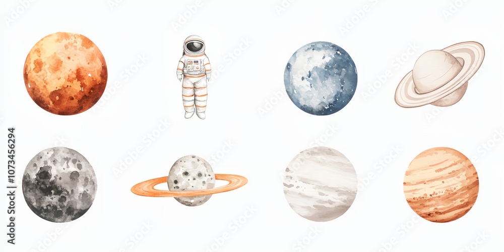 Poster a series of planets and a man in a spacesuit. the man is standing on a planet and the planets are in