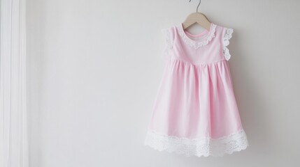 Sleeveless pink baby dress with lace trim, perfect for summer, white background