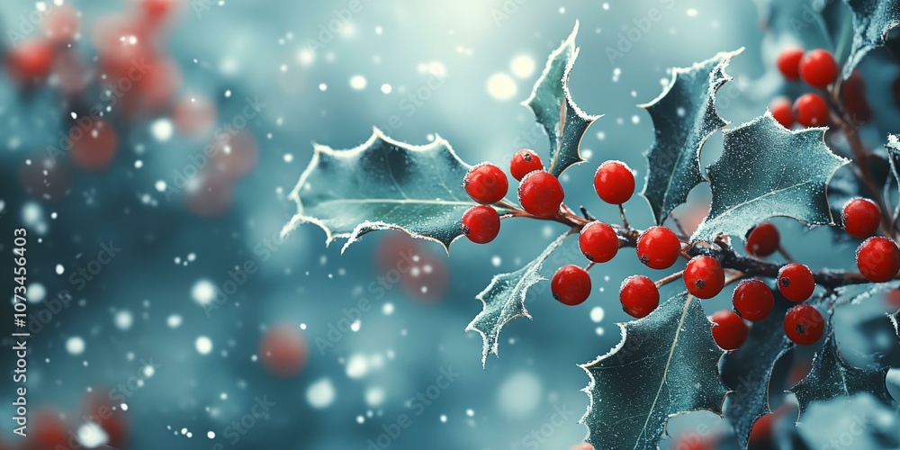 Poster a branch of red berries on a tree with snow on the ground. the snow is falling and the berries are f
