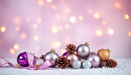 Delicate and elegant holiday ornaments in pastel purple hues, with shimmering ribbons and frosted pinecones, adding a touch of sophistication to festive settings.