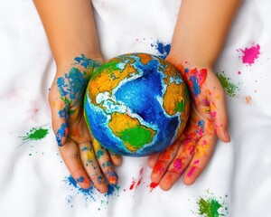 Children hands painted with Earth on white fabric background, top view