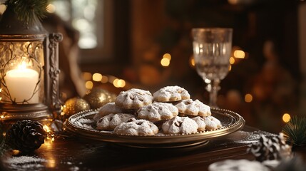 Obraz premium Italian ricciarelli almond cookies, dusted with powdered sugar, presented in a cozy holiday setting