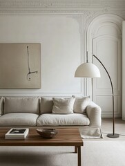 Modern Living Room with White Sofa, Wooden Coffee Table, and Floor Lamp