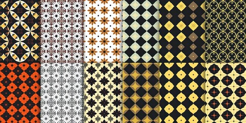 Collection of twelve seamless geometric patterns suitable for backgrounds, textiles, and design projects, patterns, shapes