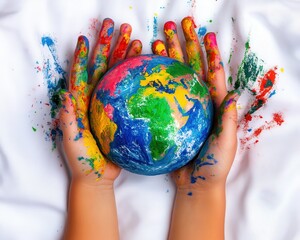 Children hands painted with Earth on white fabric background, top view