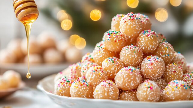 Italian struffoli honey balls piled high, drizzled with honey and decorated with colorful sprinkles