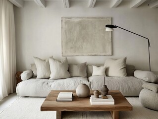 Minimalist Living Room with White Sofa, Wooden Coffee Table, and Abstract Art