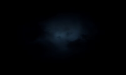 A dark, misty scene with shades of blue and hints of obscured shapes.