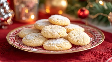 South African soetkoekies spiced cookies with sugar crystals, arranged on a cozy red tablecloth