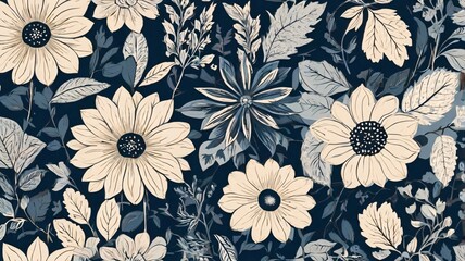 Blue & white floral pattern, large stylized blooms, vintage folk art V12