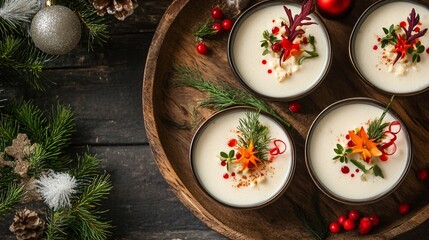 Thai kanom krok coconut custard cups with holiday-themed garnishes on a rustic tray