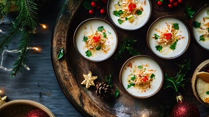 Thai kanom krok coconut custard cups with holiday-themed garnishes on a rustic tray