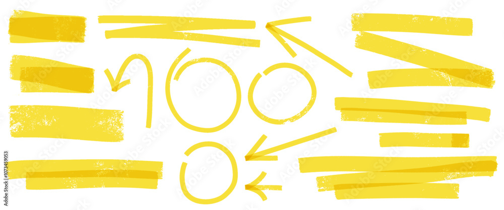 Poster Yellow highlight marker vector set with strokes, lines and doodles. Emphasis notes, checks, and arrows in sketchy style. Hand drawn icons and shapes.
