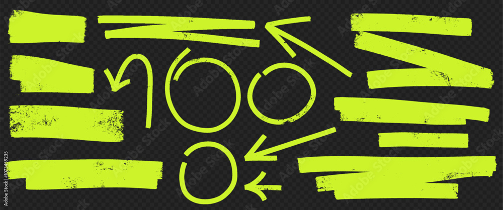 Poster Vector set of Bright highlight marker strokes and arrows. Emphasis lines, shapes, arrows and hand drawn scribbles for text design.