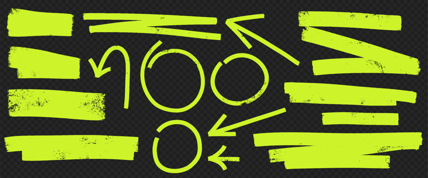 Vector set of Bright highlight marker strokes and arrows. Emphasis lines, shapes, arrows and hand drawn scribbles for text design.