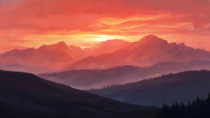 Fototapeta premium A breathtaking sunset over the mountains, with a sky painted in vibrant orange and pink hues, casting a silhouette over the hills.