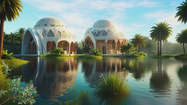 Uniquely shaped mosque by the lake, seamless 4K looping virtual video animation background