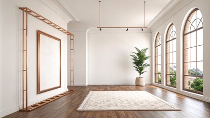 Fototapeta premium Elegant room, classical design, white walls, arched windows, rug, plant V4