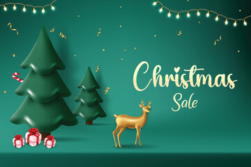 Realistic Christmas Tree And Deer With Hanging Lights On Green Color Background. Xmas Festive Sale Theme Concept For Discount Sale Offer Promotion, Greetings Card, Website, Advertisement, E-commerce.
