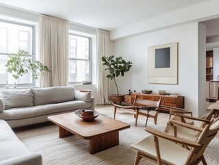 Modern Living Room with White Sofa and Wooden Accents